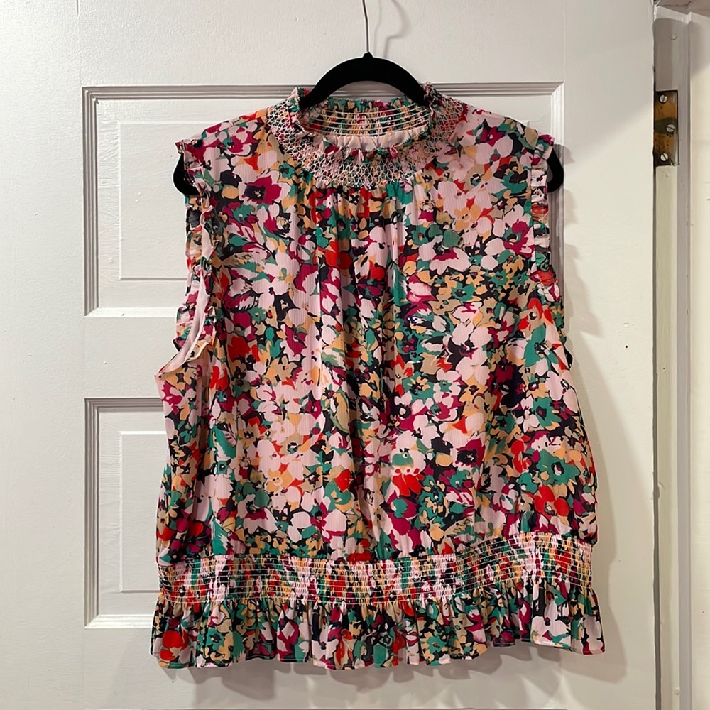 J. Crew Multicolor Floral print sleeveless blouse with ruffle trim (size 20)